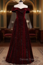 A-Line Off  Shoulder Velvet Burgundy Long Prom Dresses, Burgundy Long Formal Dresses