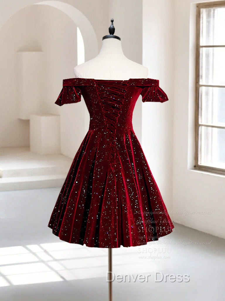 A-Line Off Shoulder Velvet Burgundy Short Prom Dresses, Burgundy Homecoming Dresses Secondary image