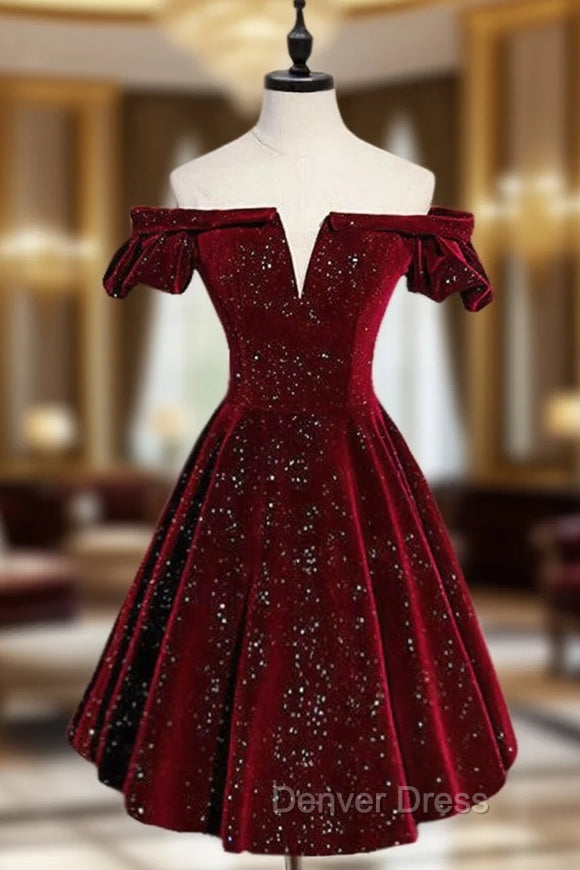 A-Line Off Shoulder Velvet Burgundy Short Prom Dresses, Burgundy Homecoming Dresses Main image