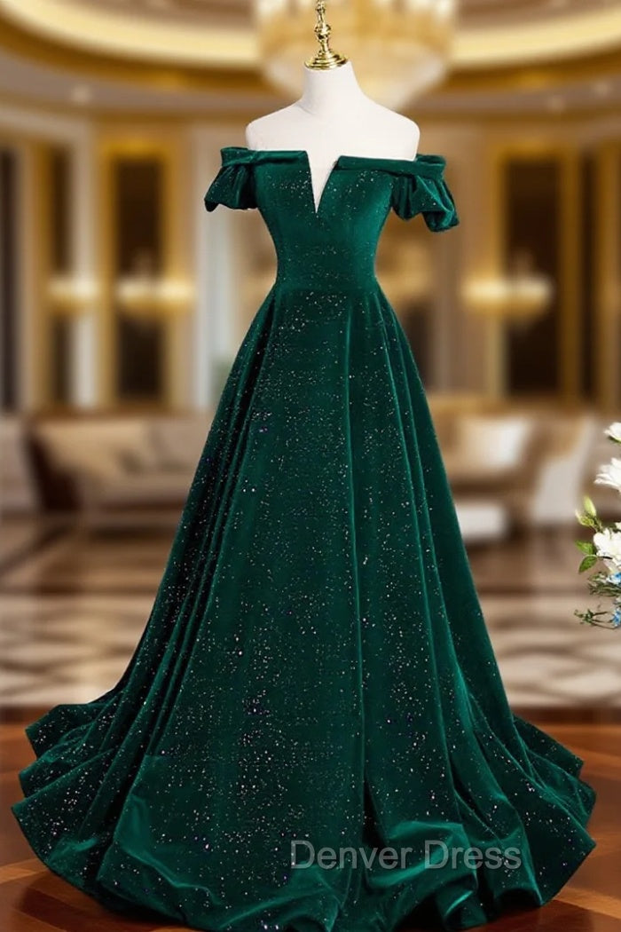 A-Line Off Shoulder Velvet Long Prom Dresses, Green Velvet Graduation Dresses