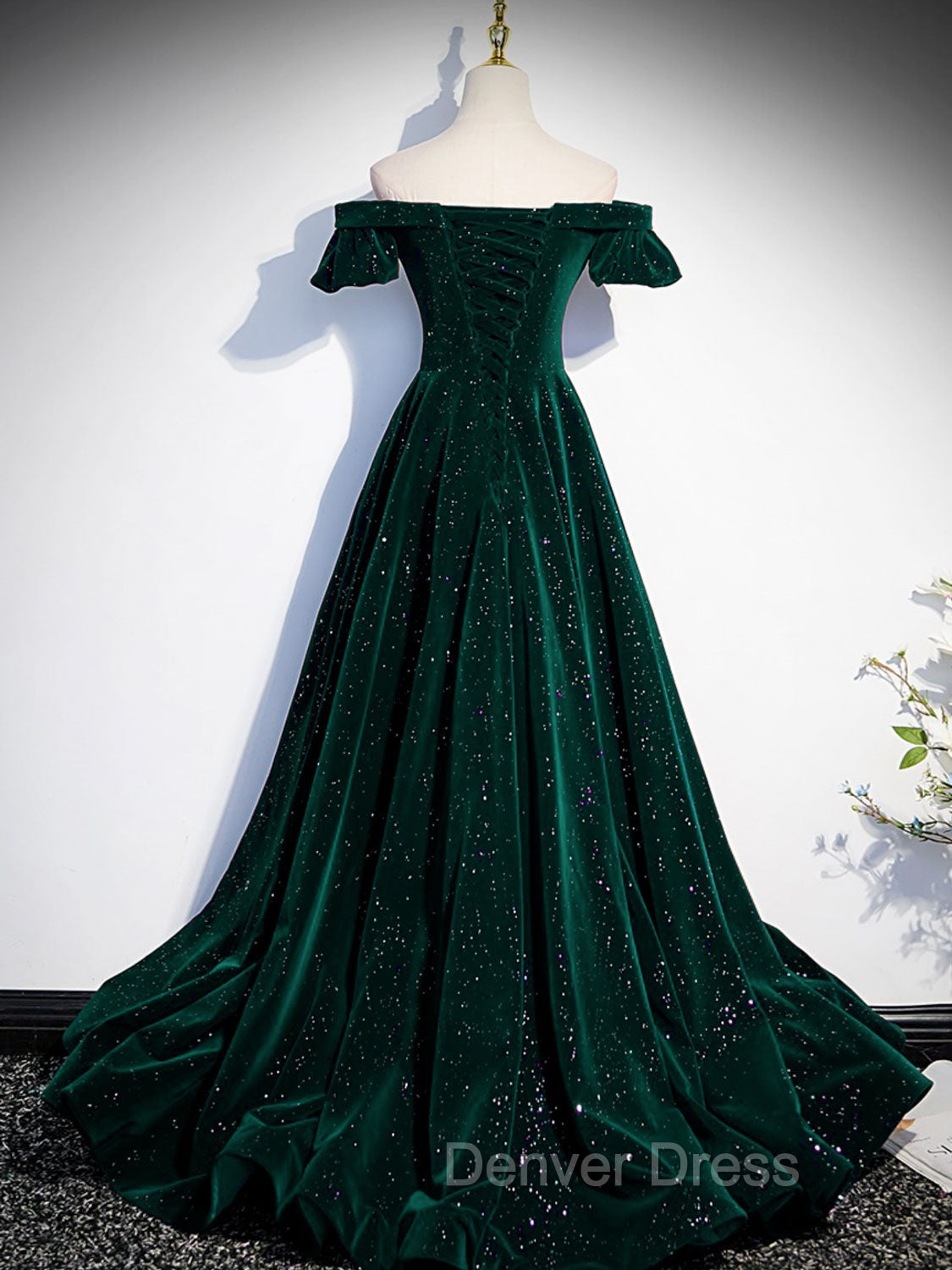 A-Line Off Shoulder Velvet Long Prom Dresses, Green Velvet Graduation Dresses