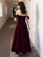 A Line off Shoulder Velvet Tea Length Burgundy Prom Dress, Burgundy Prom Dresses
