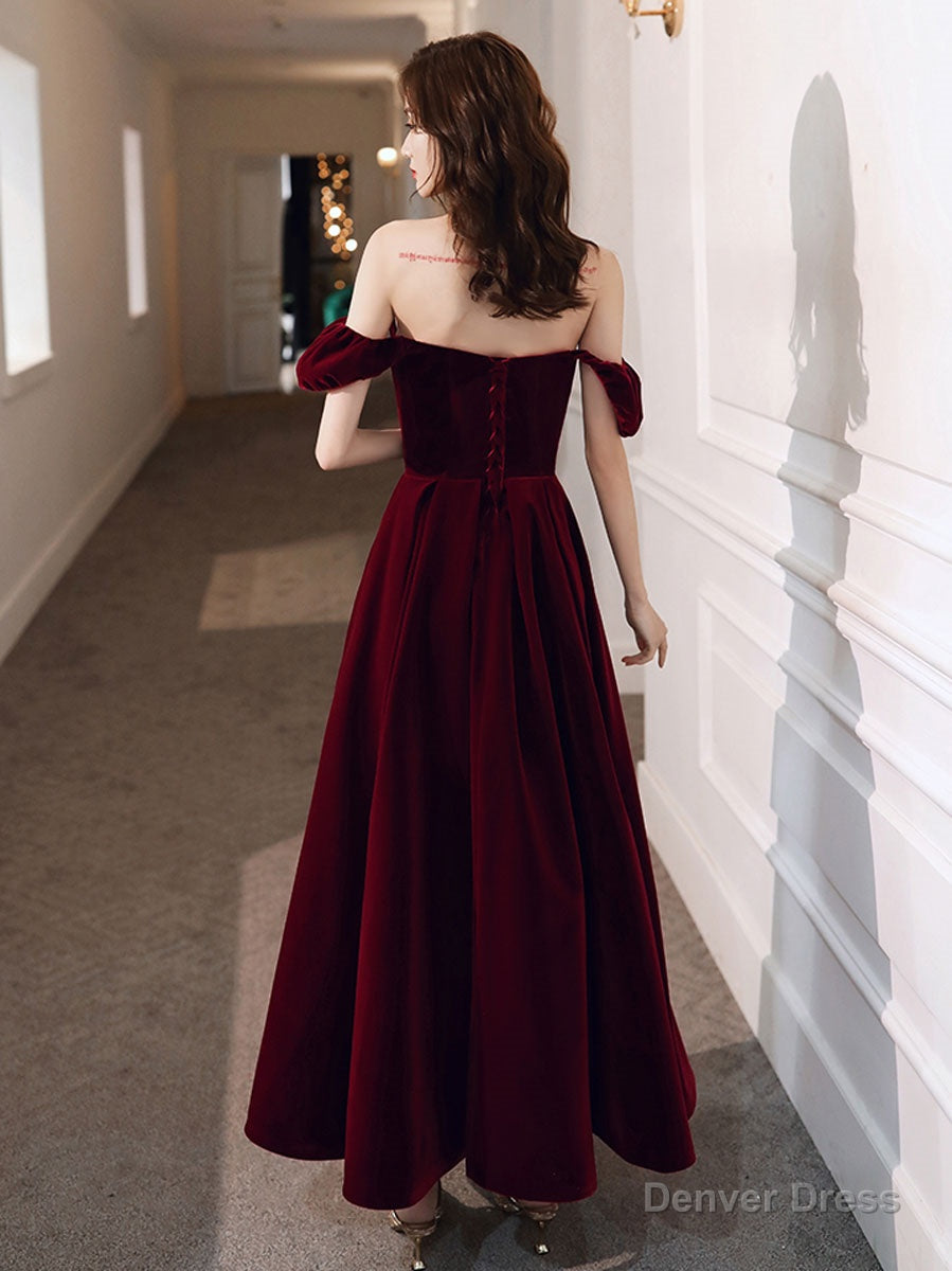 A Line off Shoulder Velvet Tea Length Burgundy Prom Dress, Burgundy Prom Dresses