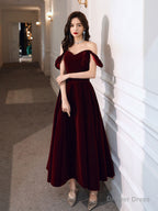 A Line off Shoulder Velvet Tea Length Burgundy Prom Dress, Burgundy Prom Dresses