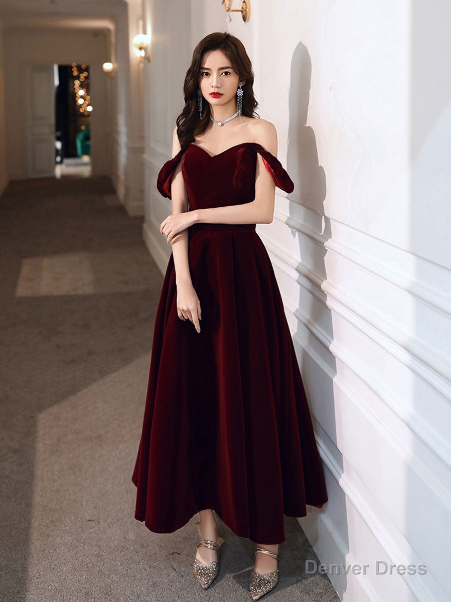 A Line off Shoulder Velvet Tea Length Burgundy Prom Dress, Burgundy Prom Dresses