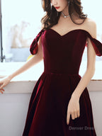 A Line off Shoulder Velvet Tea Length Burgundy Prom Dress, Burgundy Prom Dresses