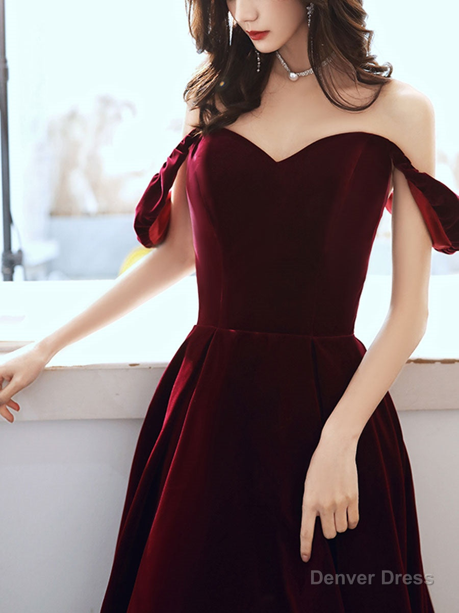 A Line off Shoulder Velvet Tea Length Burgundy Prom Dress, Burgundy Prom Dresses
