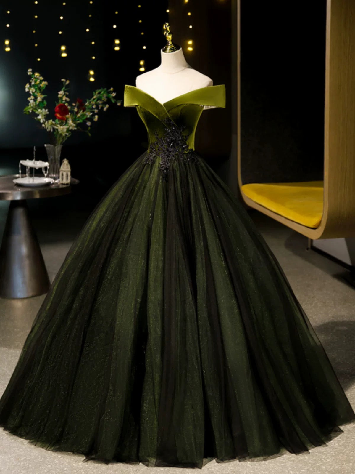 A-Line Off Shoulder Velvet Tulle Green Long Prom Dresses, Green Long Formal Dresses Secondary image