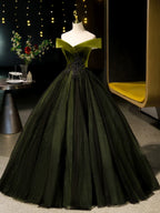 A-Line Off Shoulder Velvet Tulle Green Long Prom Dresses, Green Long Formal Dresses