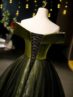 A-Line Off Shoulder Velvet Tulle Green Long Prom Dresses, Green Long Formal Dresses