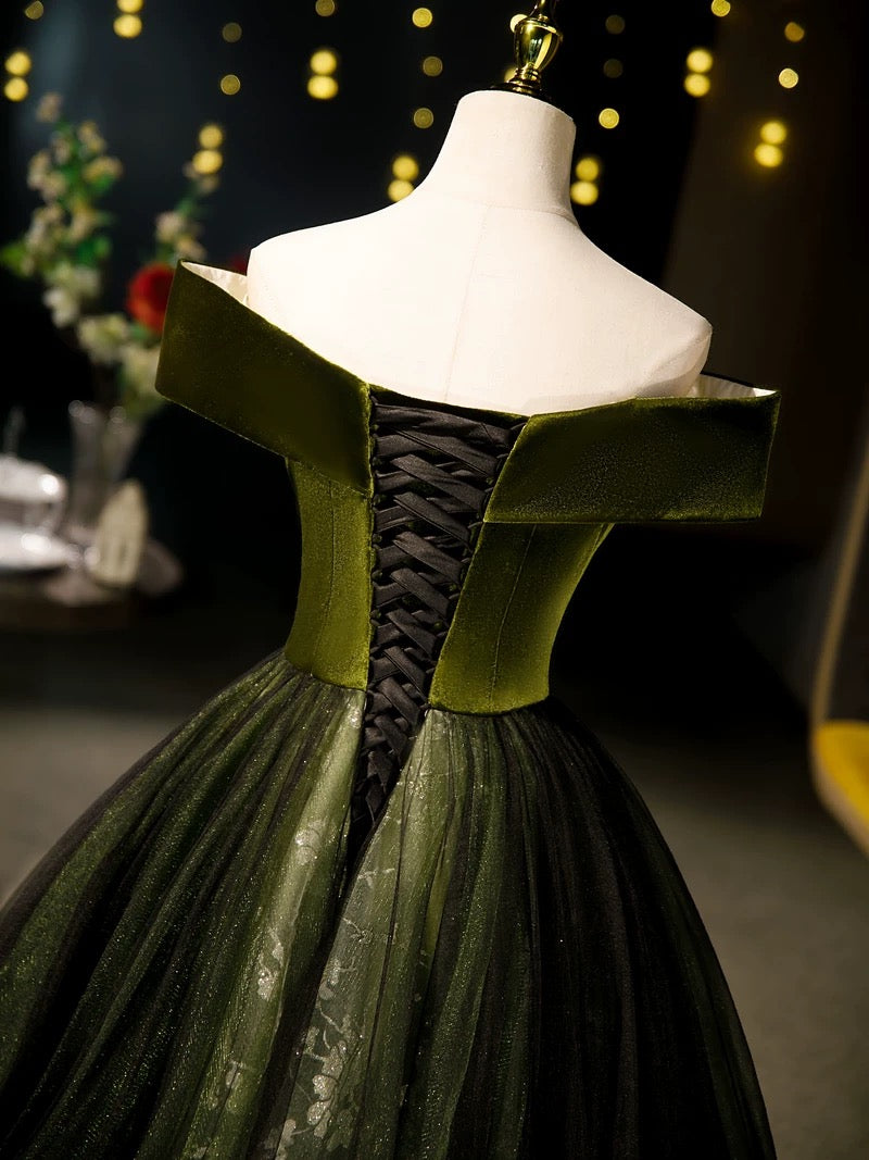 A-Line Off Shoulder Velvet Tulle Green Long Prom Dresses, Green Long Formal Dresses