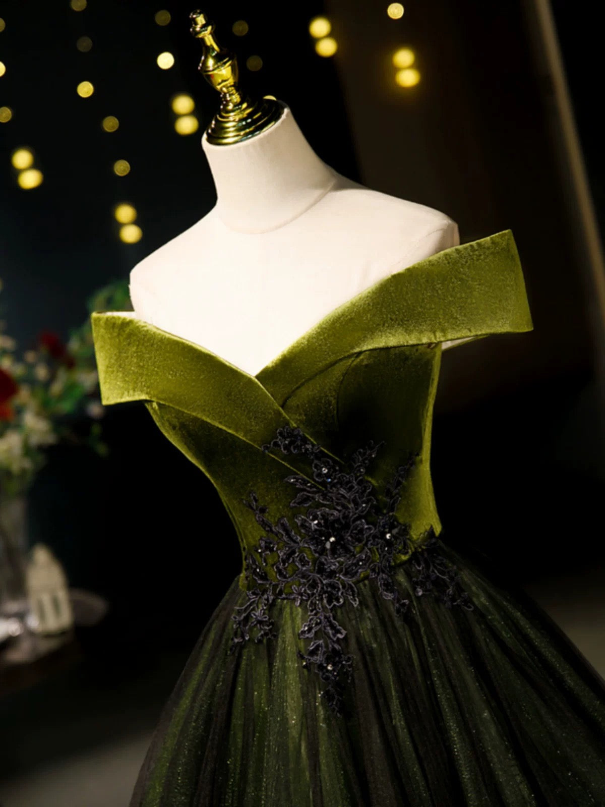 A-Line Off Shoulder Velvet Tulle Green Long Prom Dresses, Green Long Formal Dresses