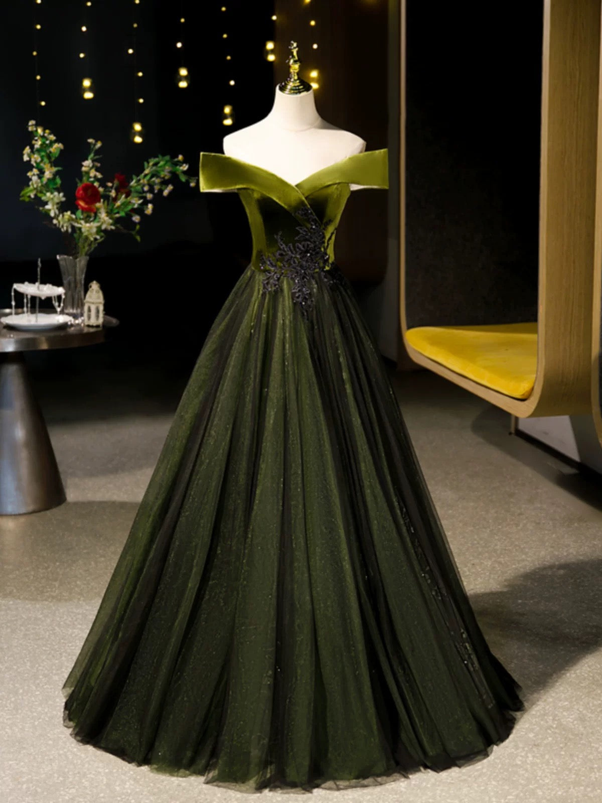 A-Line Off Shoulder Velvet Tulle Green Long Prom Dresses, Green Long Formal Dresses
