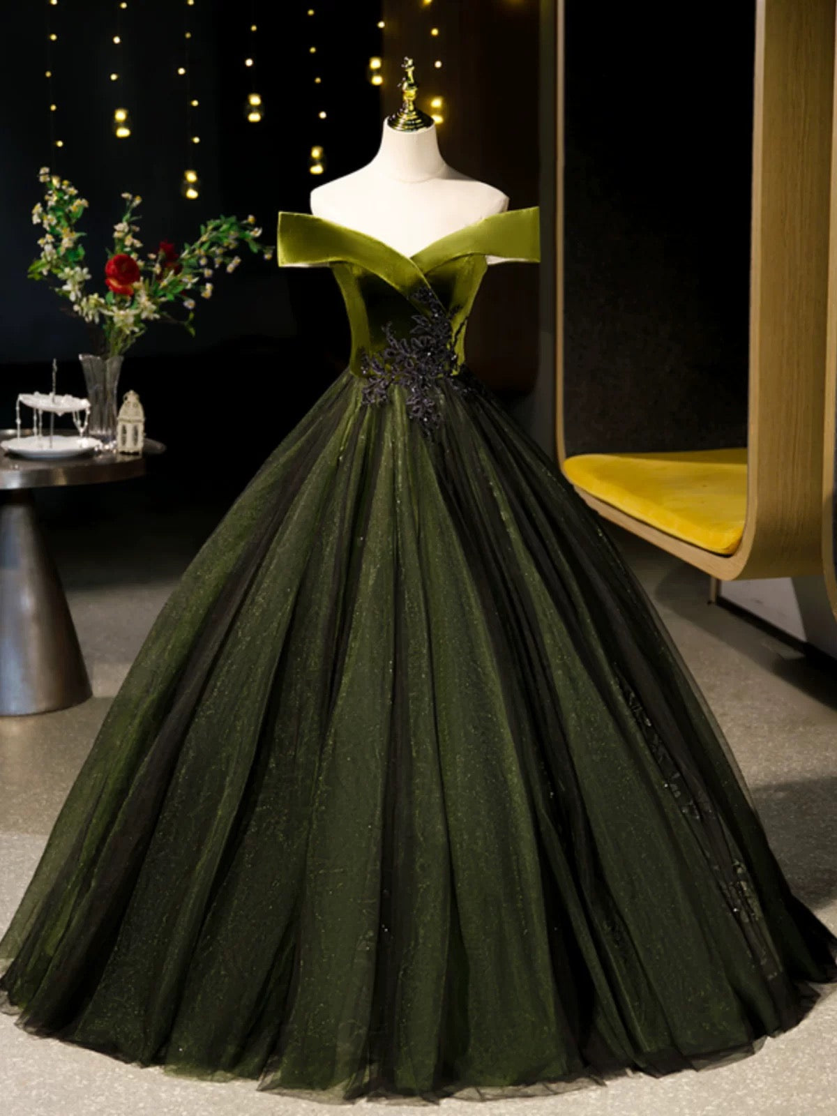 A-Line Off Shoulder Velvet Tulle Green Long Prom Dresses, Green Long Formal Dresses
