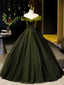 A-Line Off Shoulder Velvet Tulle Green Long Prom Dresses, Green Long Formal Dresses