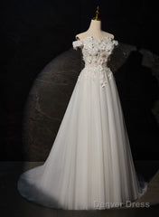 A-Line Off Shoulder White Flowers And Tulle Party Dress, White Long Formal Dress Prom Dress