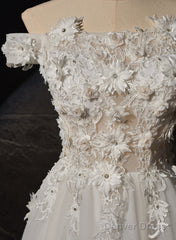 A-Line Off Shoulder White Flowers And Tulle Party Dress, White Long Formal Dress Prom Dress
