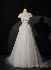 A-Line Off Shoulder White Flowers And Tulle Party Dress, White Long Formal Dress Prom Dress