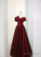 A-Line Off Shoulder Wine Red Tulle Long Party Dress, Wine Red And Black Prom Dress