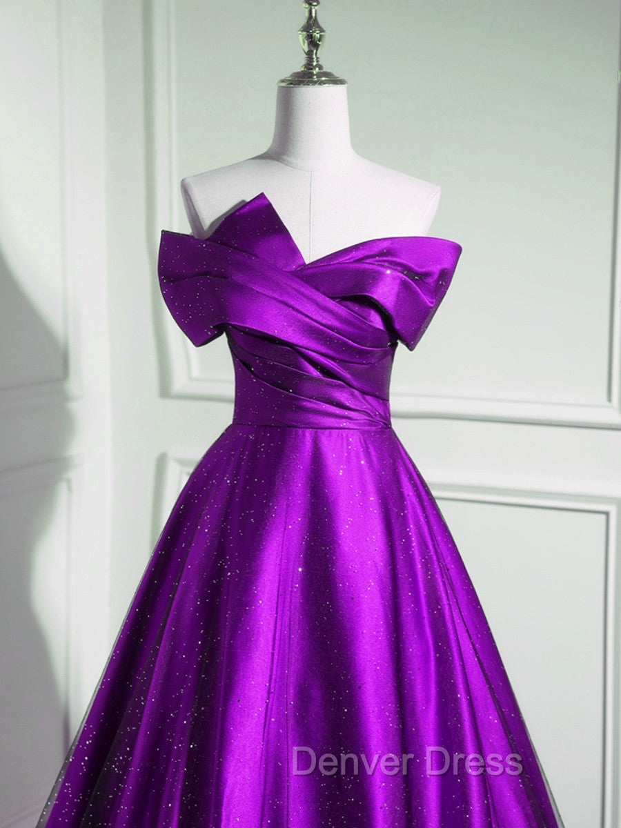 A-Line Off Shouolder Black And Purple Satin Party Dresses, Long Prom Dresses Secondary image