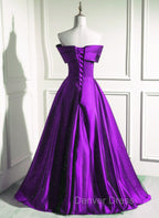 A-Line Off Shouolder Black And Purple Satin Party Dresses, Long Prom Dresses