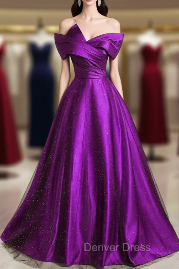 A-Line Off Shouolder Black And Purple Satin Party Dresses, Long Prom Dresses Main image
