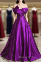 A-Line Off Shouolder Black And Purple Satin Party Dresses, Long Prom Dresses