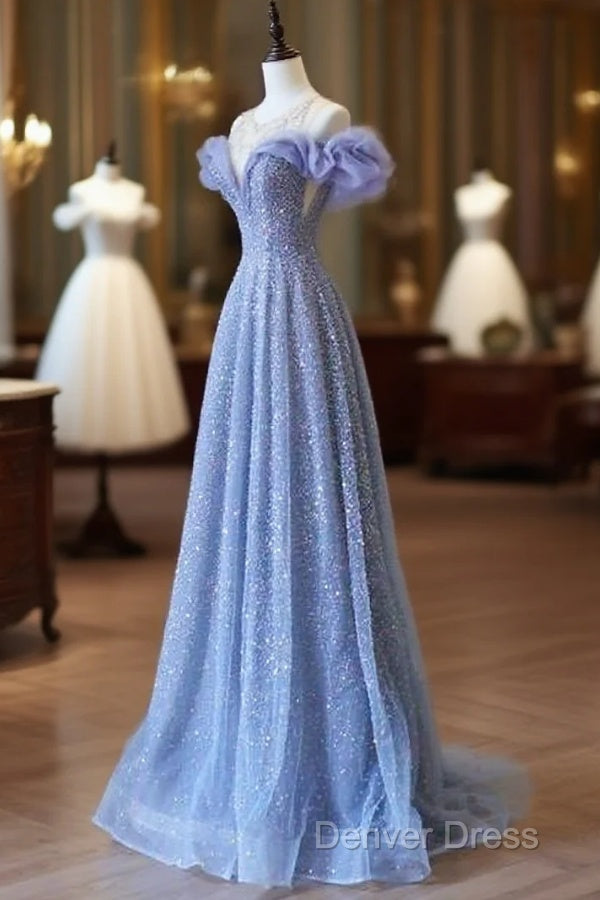 A Line Off The Shoulder Blue Long Prom Dresses Evening Dresses Main image