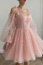 A Line Off the Shoulder Blush Short Homecoming Dresses with Long Sleeves