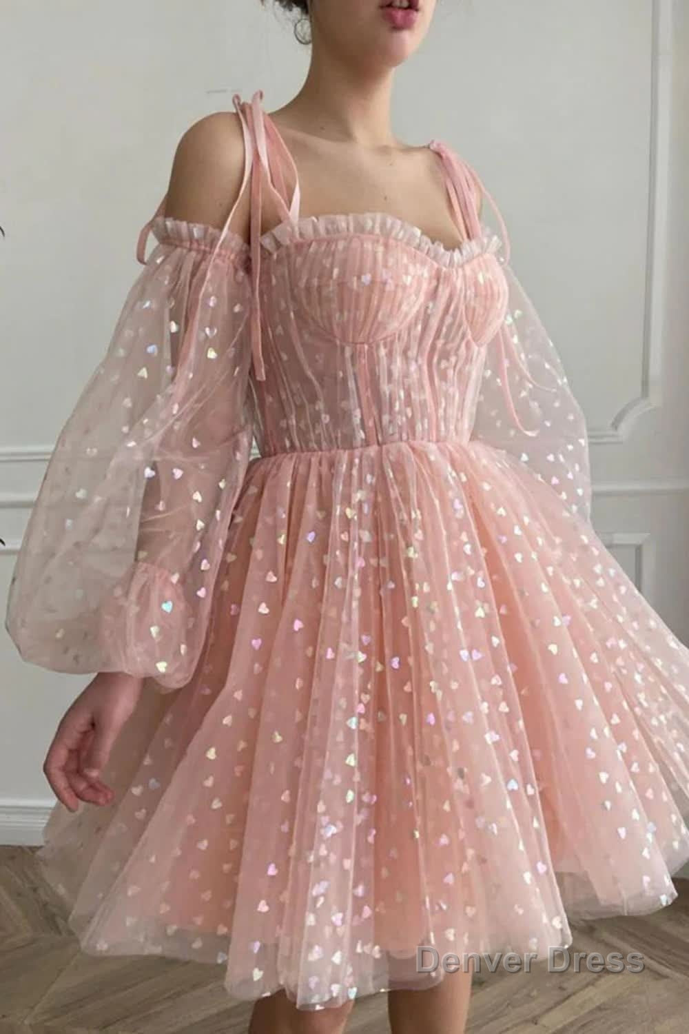 A Line Off the Shoulder Blush Short Homecoming Dresses with Long Sleeves