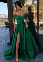 A-line Off-the-Shoulder Cap Straps Sweep Train Satin Prom Dresses With Pleated Split