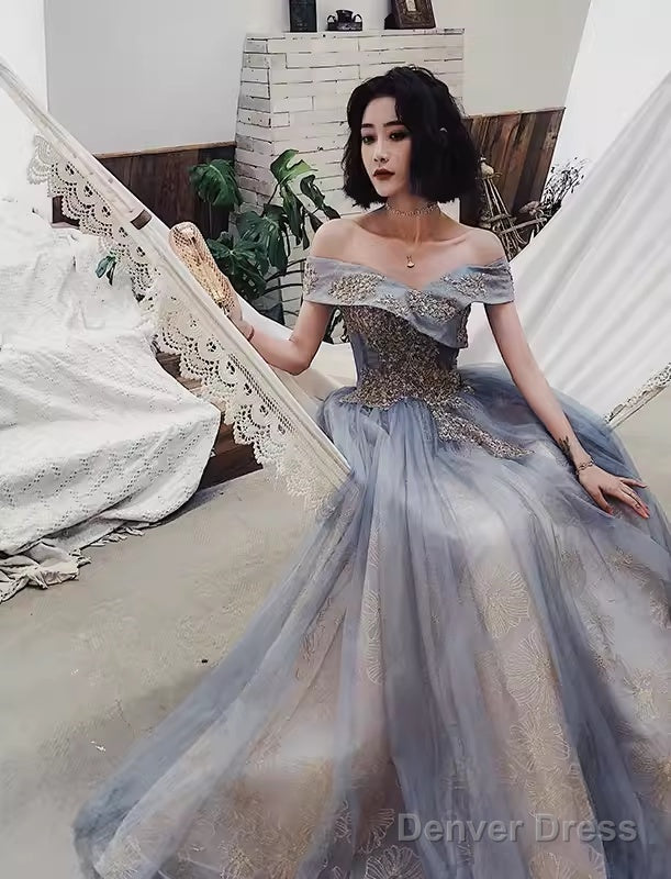 A Line Off The Shoulder Gray Prom Dresses Long Evening Dress