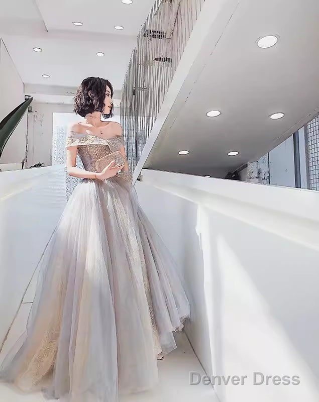 A Line Off The Shoulder Gray Prom Dresses Long Evening Dress