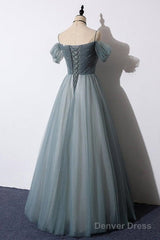 A-Line Off The Shoulder Grey Tulle Prom Dress Evening Dress