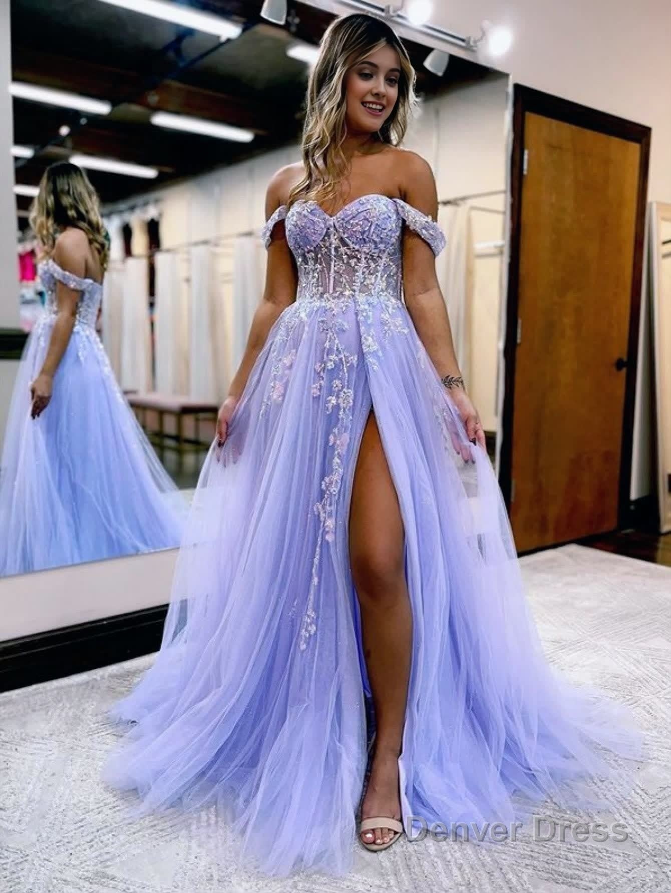 A Line Off the Shoulder Lace Tulle Prom Dress With Slit Main image