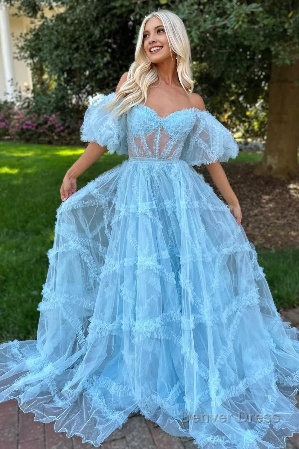 A Line Off the Shoulder Light Blue Tulle Corset Prom Dress with Bowknot Main image