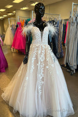 A-Line Off-The-Shoulder Lilac Lace Prom Dresses Appliques Feathers