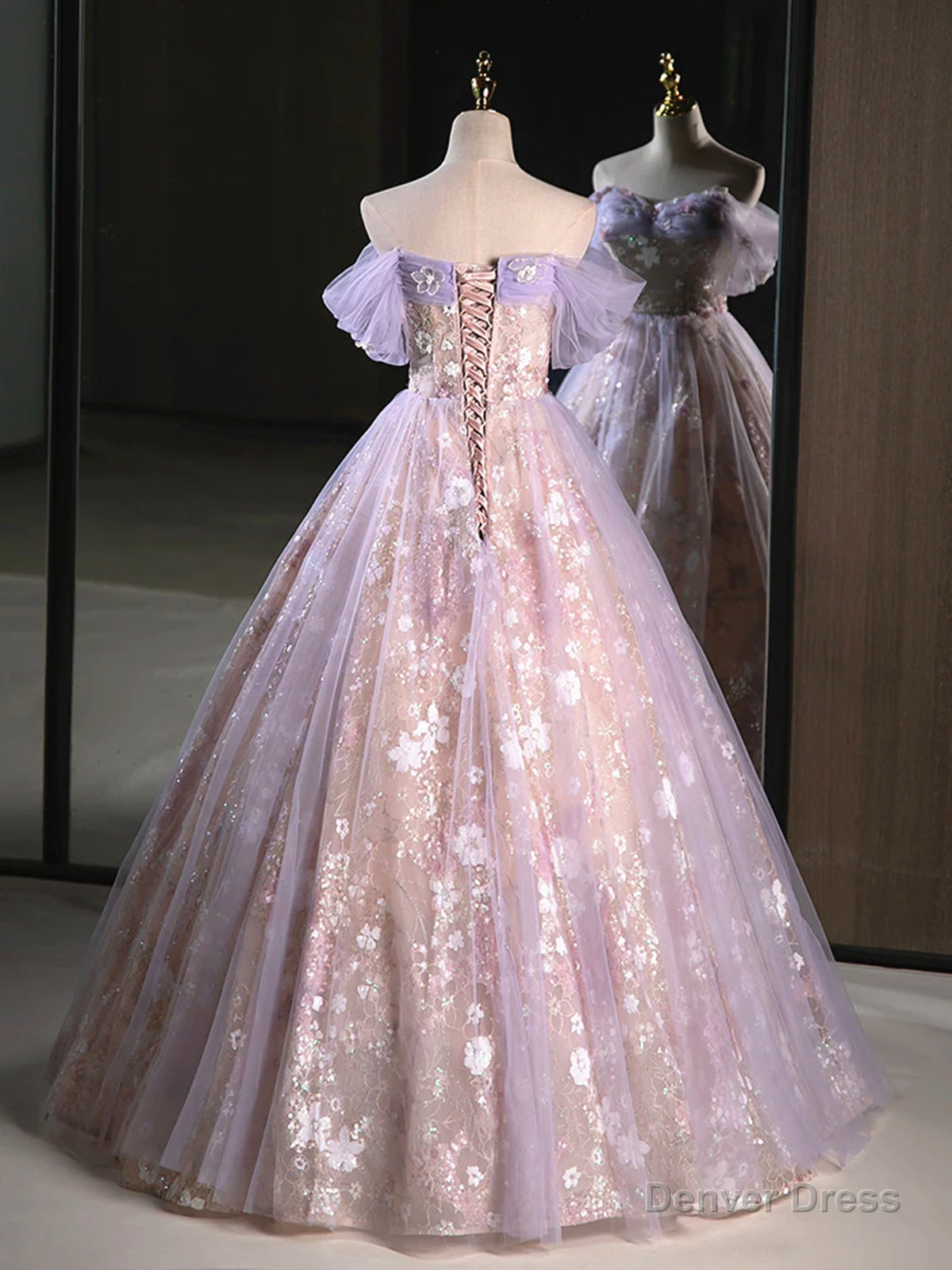 A Line Off the Shoulder Purple Lace Beaded Long Prom Dress, Purple Lace Beaded Long Prom Dresses