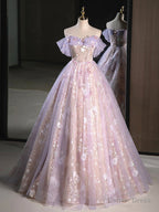 A Line Off the Shoulder Purple Lace Beaded Long Prom Dress, Purple Lace Beaded Long Prom Dresses