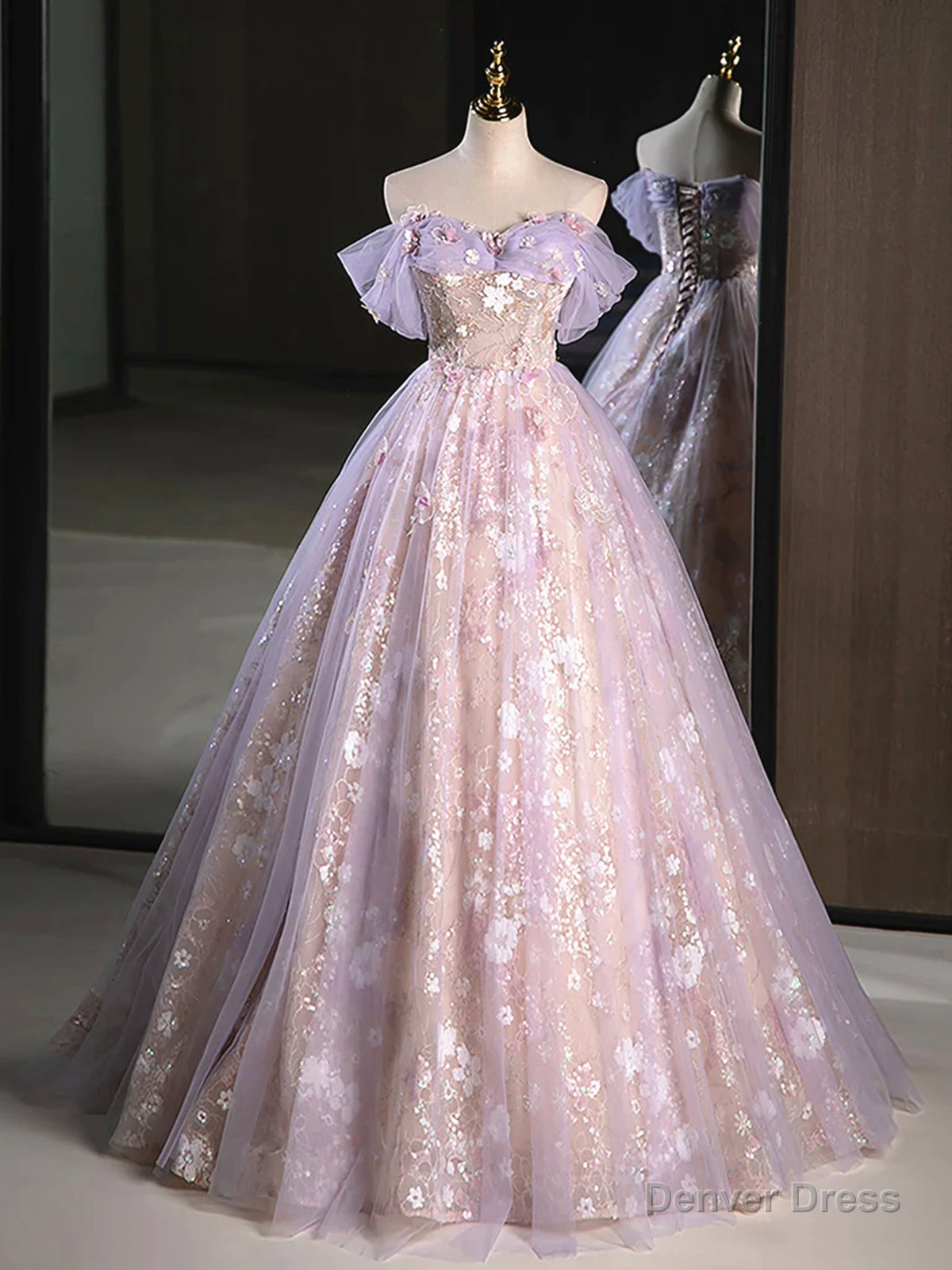 A Line Off the Shoulder Purple Lace Beaded Long Prom Dress, Purple Lace Beaded Long Prom Dresses