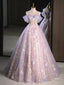 A Line Off the Shoulder Purple Lace Beaded Long Prom Dress, Purple Lace Beaded Long Prom Dresses