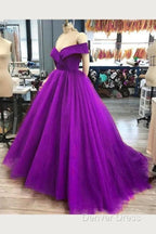 A Line Off The Shoulder  Purple Tulle Prom Dresses Long Evening Gown