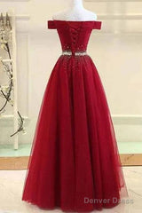 A-Line Off The Shoulder Red Tulle Prom Dress Evening Dress With Beading,