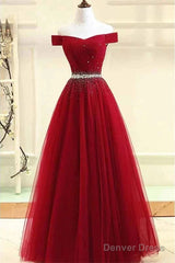 A-Line Off The Shoulder Red Tulle Prom Dress Evening Dress With Beading,