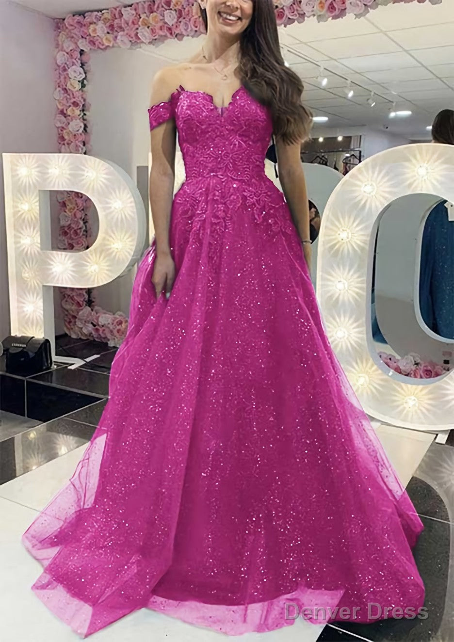 A Line Off The Shoulder Regular Straps Long Floor Length Tulle Prom Dresses With Appliqued Glitter