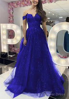 A-line Off-the-Shoulder Regular Straps Long/Floor-Length Tulle Prom Dresses With Appliqued Glitter