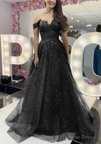 A-line Off-the-Shoulder Regular Straps Long/Floor-Length Tulle Prom Dresses With Appliqued Glitter