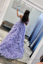 A Line Off the Shoulder Ruffled Tulle Prom Dresses with Slit