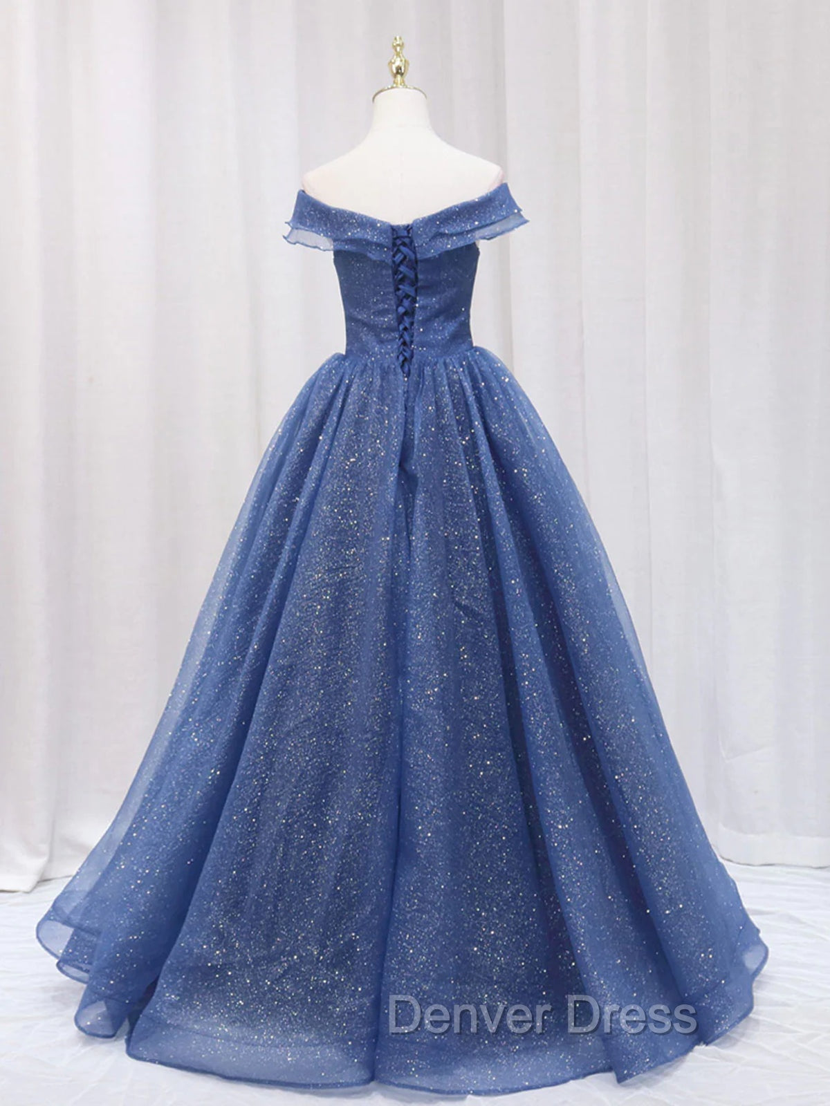 A Line Off the Shoulder Shiny Blue Long Prom Dresses, Off Shoulder Shiny Blue Formal Evening Dresses Secondary image