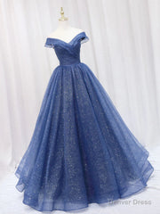 A Line Off the Shoulder Shiny Blue Long Prom Dresses, Off Shoulder Shiny Blue Formal Evening Dresses